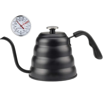 Чайник для пуровера, TM "VD Coffee" з термометром, чорний з тонким носиком, 1,2 л